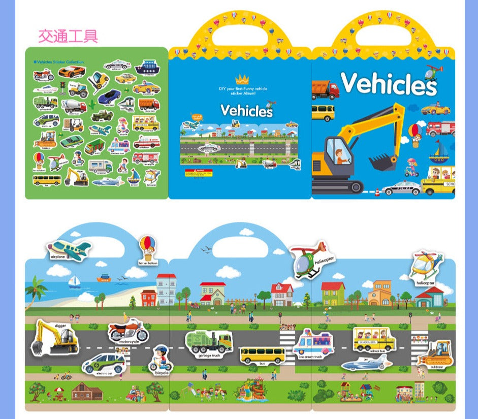 Double-Sided Design Reusable Sticker Book for Kids - Vehicles