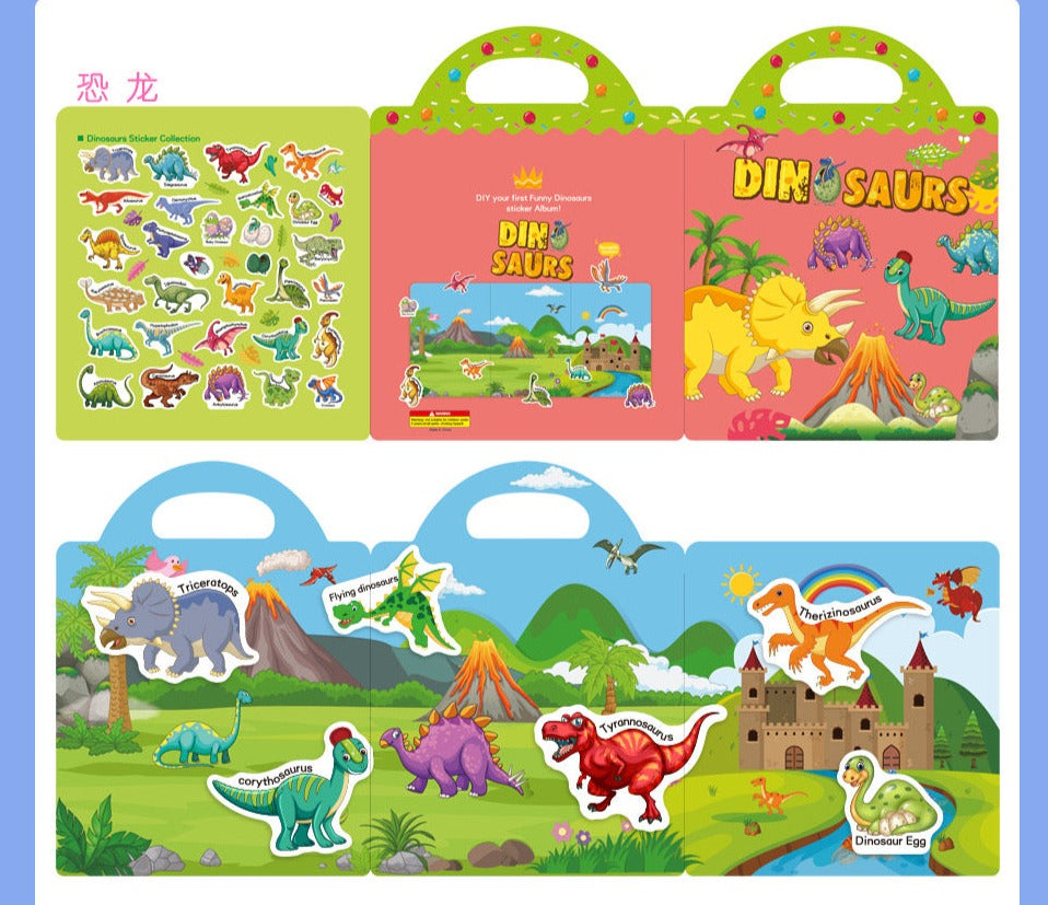 Double-Sided Design Reusable Sticker Book for Kids - Dinosaurs