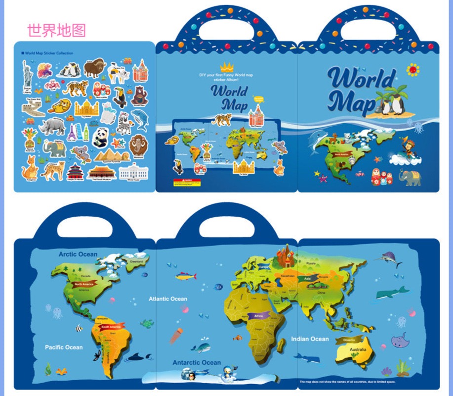 Double-Sided Design Reusable Sticker Book for Kids - World Map