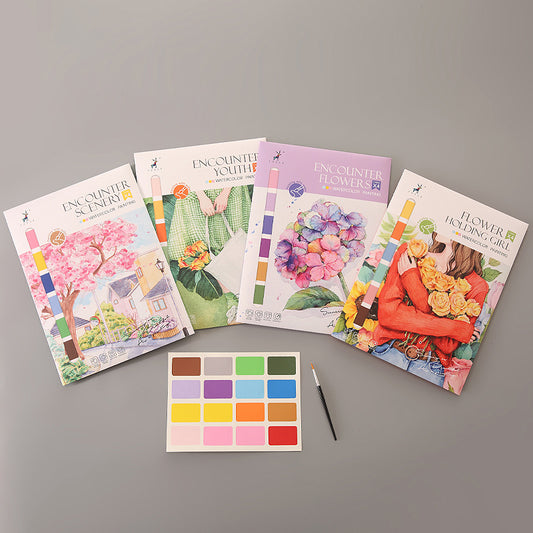 Flower Series Watercolour Painting Books Portable Colouring Book with Paint Palette and Brush