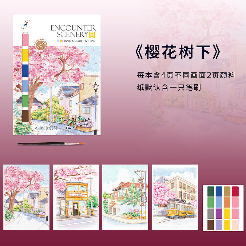 Flower Series Watercolour Painting Books Portable Colouring Book with Paint Palette and Brush