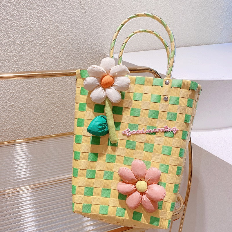 Dual Flowers Colorblock Yellow And Green Woven Gift Bags